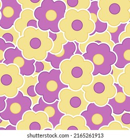 Seamless pattern of purple and yellow flowers with white border.