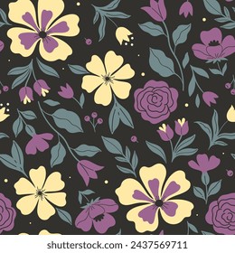 Patrón sin costuras con flores moradas y amarillas sobre un fondo negro. Gráficos vectoriales.