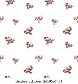 Nahtloses Muster aus violetten und gelben Blumen, handgezeichnet im Kinderdoodle-Stil auf weißem Hintergrund