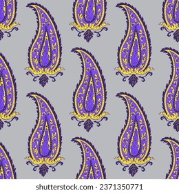 Seamless pattern with purple and yellow Paisley motifs on gray background. Traditional indian repeat design.