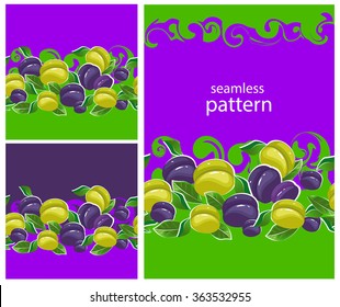 Seamless pattern with purple and yellow plums on purple and a bright green background.
Vector illustration.