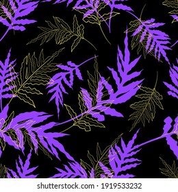 Seamless pattern with purple and yellow tropical fern leaves. Botanical summer texture. On black background.