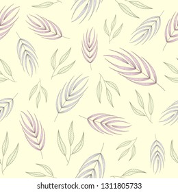 Seamless pattern with purple,beige and blue hand drawn branches on a beige background.Pastel print for fabric,wrapping paper,wallpaper,planners,mugs,background for your design