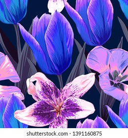 Seamless pattern purple-blue color Tulips and Lilly flowers on dark blue isolate background.Vecter illustration drawing watercolor style. repeat floral wallpaper design fabric print.