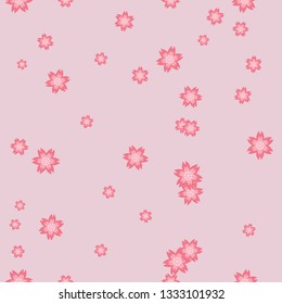 Seamless pattern of purple-pink flowers with white stamens, on a pale pink background. Great for decorating fabrics, textiles, gift wrapping design, any printed materials, including advertising.