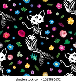 Seamless pattern. Purrmaids dance among flowers. Purrmaid is a cat with a tail of a mermaid. Can be used for t-short print, poster or card. Ideal for Halloween, the Day of the Dead and more.