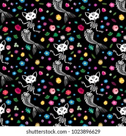 Seamless pattern. Purrmaids and flowers. Purrmaid is a cat with a tail of a mermaid. Can be used for t-short print, poster or card. Ideal for Halloween, the Day of the Dead and more.