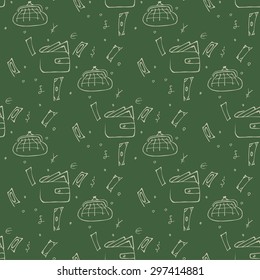 Seamless pattern with a purse and money on a green background. Contour graphics design.