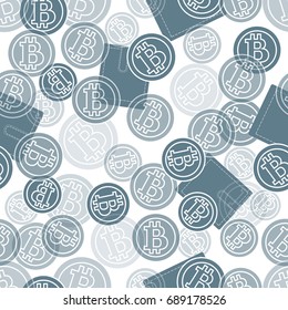 Seamless pattern with purses and bitcoins. Finance and virtual currency. Design for banner, poster or print.