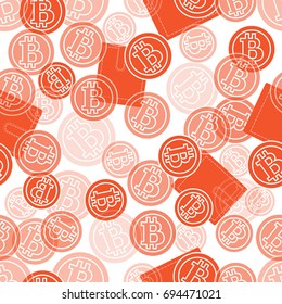 Seamless pattern with purses and bitcoins. Finance and virtual currency. Design for banner, poster or print.