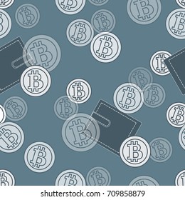 Seamless pattern with purses and bitcoins. Finance and virtual currency. Design for banner, poster or print.