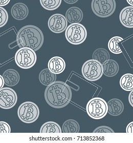 Seamless pattern with purses and bitcoins. Finance and virtual currency. Design for banner, poster or print.