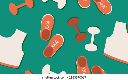 Seamless pattern with pushers, dumbbells and T-shirt for sports. Flat vector stock illustration. Texture with sports equipment for design