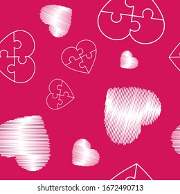 Seamless pattern with a puzzle in the form of a heart. Illustration for Valentine's Day. Romantic pattern for packaging. Background texture.
