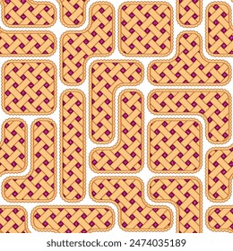 Seamless pattern with puzzles of purple berry pie. Colored vector background on white.