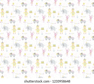 Seamless pattern of pyjamas party with sleepy animals having fun with lemonade and pancakes. Great for textile print, party invitations or packaging.