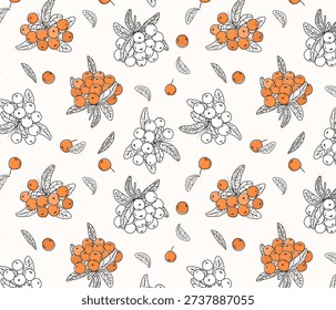 Seamless pattern with pyracantha firethorn berry clusters and leaves hand drawn line art with selective orange color on light background elegant autumn botanical texture for fabric wallpaper and packaging