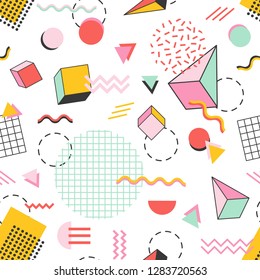 Seamless pattern with pyramids, cubes, circles, other geometric shapes and zigzag lines on white background. Vector illustration in 1990-s retro style for fabric print, wrapping paper, wallpaper.
