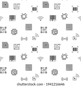 Seamless pattern of QR Code, barecode. Contains icons such as wireless RFID chip and radio-frequency identificationscanner, package code, barcode and more