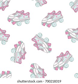 Seamless pattern with quad roller skates on white background. Retro laced boots, colorful vector background.