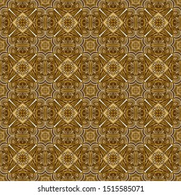 Seamless pattern. Quadrilateral elements. Abstract flowers. Golden shades.