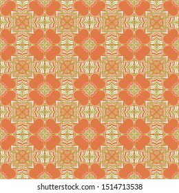 Seamless pattern. Quadrilateral elements. Abstraction. Orange, green, yellow.