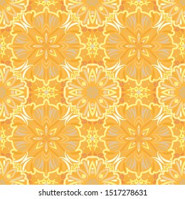 Seamless pattern. Quadrilateral elements. Symbolic flowers. Sunny color. Yellow shades.