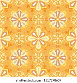 Seamless pattern. Quadrilateral elements. Symbolic flowers. Sunny color. Yellow shades.