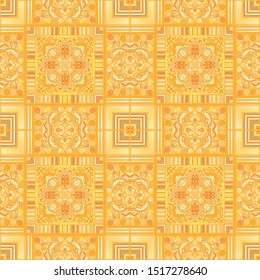 Seamless pattern. Quadrilateral elements. Symbolic flowers. Sunny color. Yellow shades.