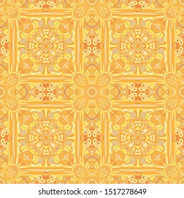 Seamless pattern. Quadrilateral elements. Symbolic flowers. Sunny color. Yellow shades.