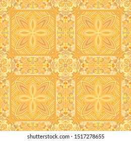 Seamless pattern. Quadrilateral elements. Symbolic flowers. Sunny color. Yellow shades.