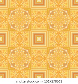 Seamless pattern. Quadrilateral elements. Symbolic flowers. Sunny color. Yellow shades.