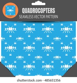 Seamless pattern of quadrocopters and remote controls on blue background.