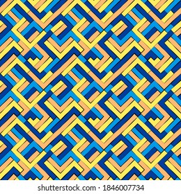 Seamless pattern of quads with jagged borders in blue and yellow shades arranged diagonally. Vector illustration.