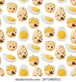 Seamless pattern with Quail eggs. Whole and open eggs. Natural healthy food protein cooking ingredient. Repeated design for menu, wallpaper, wrapping, packing, textile, scrapbooking. Spotted eggshell.