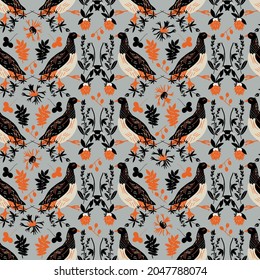 seamless pattern with quail and flowers, vector design for paper, fabric and other surface