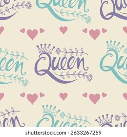 Seamless pattern with queen crown and hearts. Vector illustration.