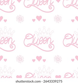 Seamless pattern with queen crown, hearts and floral elements