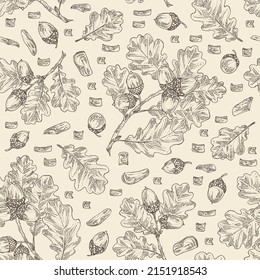 Seamless pattern with quercus: branch of oak, leaves, oak bark, quercus tree and oak acorn. Cosmetics and medical plant. Vector hand drawn illustration.