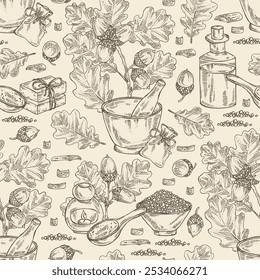 Seamless pattern with quercus: branch of oak, leaves, oak bark, quercus tree and oak acorn. Oil, soap and bath salt . Cosmetics and medical plant. Vector hand drawn illustration