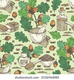 Seamless pattern with quercus: branch of oak, leaves, oak bark, quercus tree and oak acorn. Oil, soap and bath salt . Cosmetics and medical plant. Vector hand drawn illustration