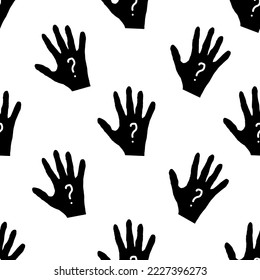 Seamless pattern with question drawing on the palm. Hand with question mark.