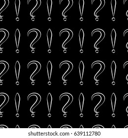 Seamless pattern with question and exclamation signs. Same sizes. Black with white store and black background. Vector illustration