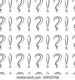 Seamless pattern with question and exclamation signs. Same sizes. White with black store. Vector