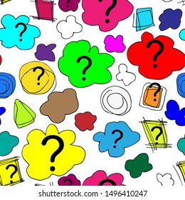 Seamless pattern question mark with hand drawn thought bubble on white background. Cartoon question marks and thought bubble in grunge texture style. Vector illustration.