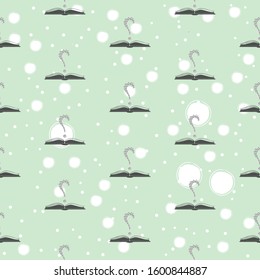 Seamless pattern with question marks above an open book. Great for wall book cover and inside, gift paper, wrapping, textile, etc. Vector Illustration