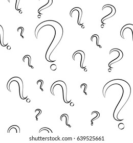 Seamless pattern with question marks. Different sizes. White marks with black stroke. Vector