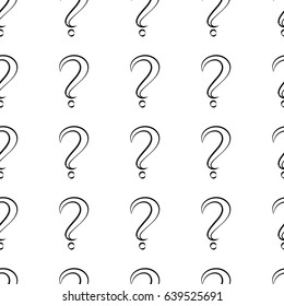 Seamless pattern with question marks. Same sizes. White marks with black stroke. Vector