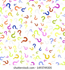 Seamless pattern of question marks scattered on a white background. Colorful poll template. Design for query background, faq, interrogation,  quiz, poll. Vector illustration