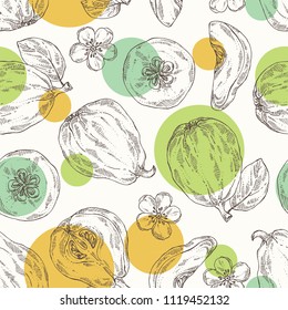 Seamless pattern with quince: fruit, flower, leaves and quince slice. Vector hand drawn illustration.
